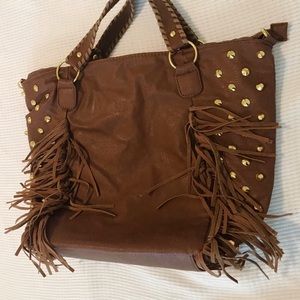 Tan Leather Fringe Handbag with Gold Stones